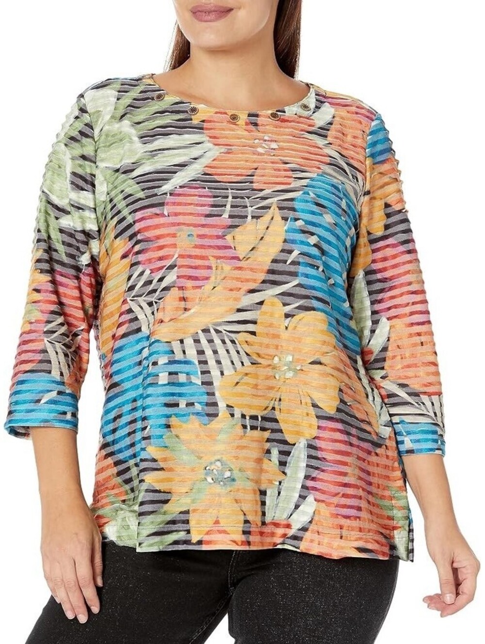 Multiples Women's XL  Tropical Floral Mesh Stripe 3/4 Sleeve Top Blouse NWOT